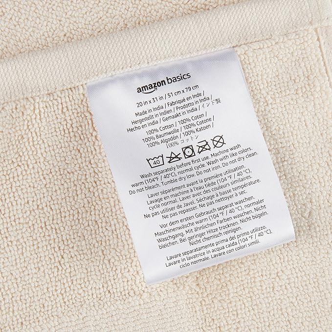 Amazon Basics Banded Bathroom Bath Rug Mat, Machine Washable, Super Absorbent, 100% Cotton, 20" W x 31" L, Cream