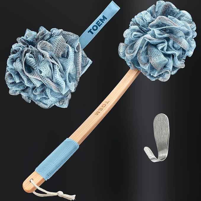 Toem® Loofah Back Scrubber for Shower | Bamboo Charcoal Fiber Infused | Loufas for Men & Women | Includes 1 Long Handled Shower Sponge, 1 Bath & Shower Luffa Pouf & 1 Hook to Hang Stuff (Sky Blue)