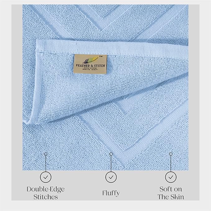 Feather & Stitch 2 Piece Towel Like Bath Mats (30x21 Inch) 100% Cotton Terry Bath Mats, Bathroom Shower Floor Mats [NOT A Bathroom Rug], Soft Absorbent Washable Mats - Sky Blue