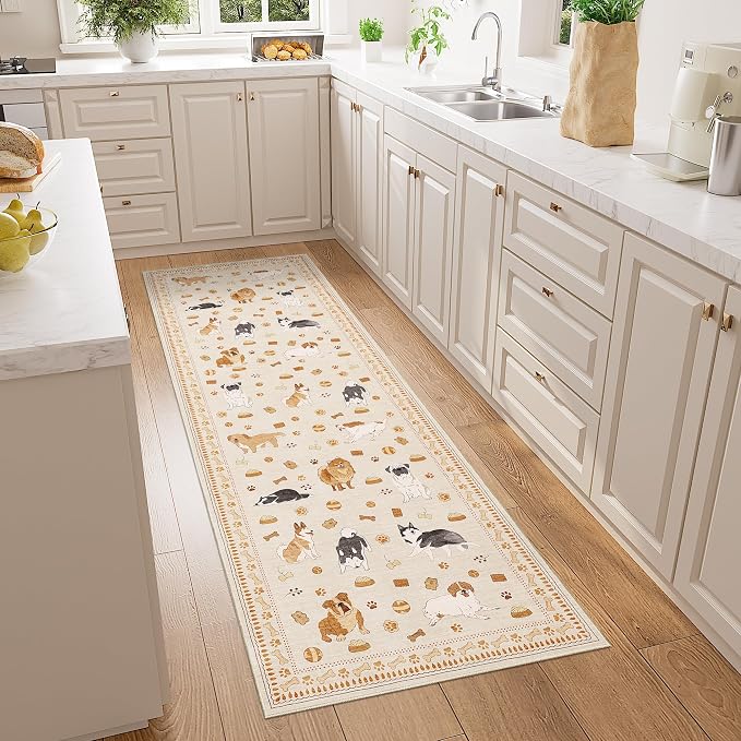 DUKINO 2x6 Washable Runner Rug for Hallway, Non Slip Animal Dog Kitchen Rug with Low Pile Design, Soft Stain Resistant Indoor Carpert Runner for Entryway, Bedroom, Laundry, Bathroom, Beige Yellow