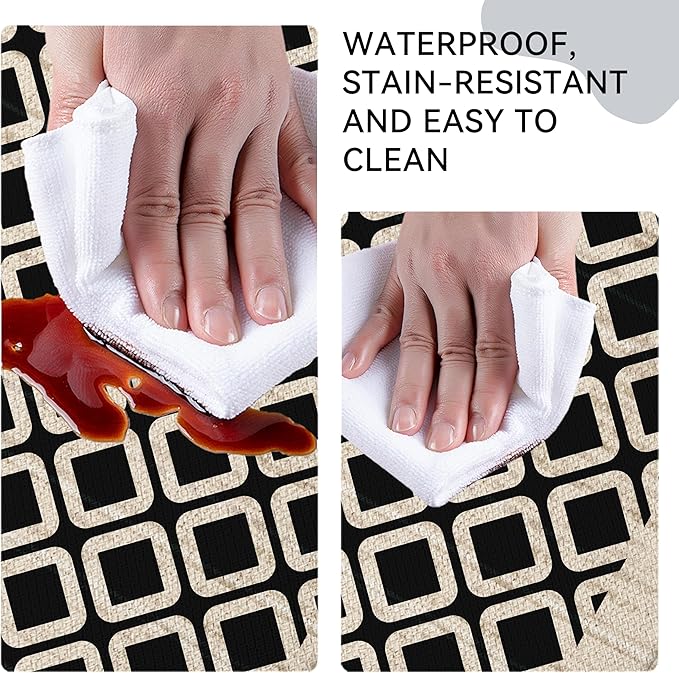 Black Vintage Geometric Elegance Grid Kitchen Rug Sets [2 PCs], Anti-Fatigue, Waterproof Non-Slip Kitchen Mats Heavy Duty Comfort Foam Rug for Kitchen, Floor, Laundry,17"x29"+17"x47"