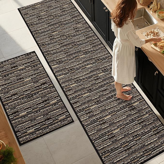 Kitchen Rugs Sets of 2-Non Slip Kitchen Mats for Floor-Thick Stain Resistant Vintage Kitchen Floor Mat Runner Carpet for Hallways Entryway Laundry Room Washable（Black 24"x79"+24"x35"）