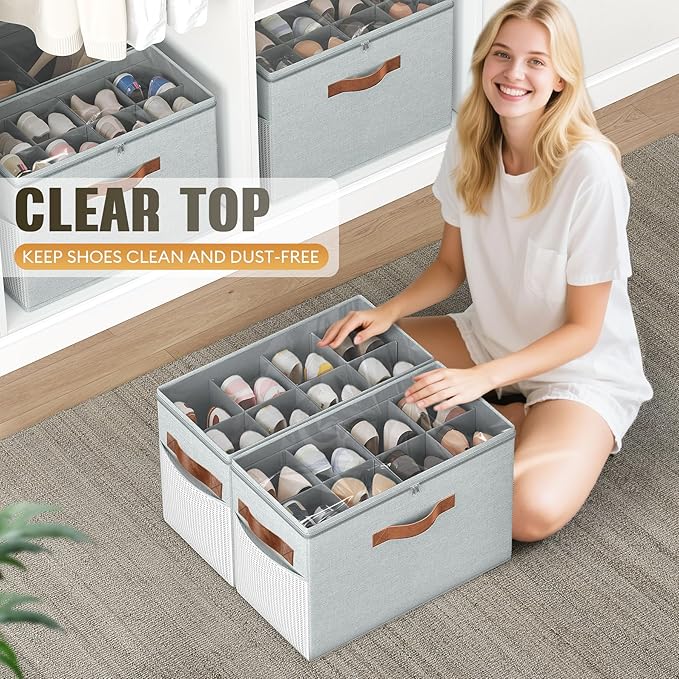 Budding Joy 2 Pack Shoe Organizer for Closet, Clear Foldable Shoe Storage Containers Adjustable Dividers Fits 16 Pairs,Shoe Storage Bins Baskets Boxes with Reinforced Handles Light grey