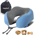 napfun Neck Pillow for Traveling, Upgraded Travel Neck Pillow for Airplane 100% Pure Memory Foam Travel Pillow for Flight Headrest Sleep, Portable Plane Accessories, Sky Blue