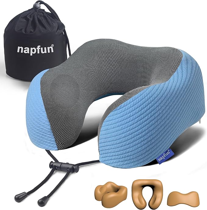napfun Neck Pillow for Traveling, Upgraded Travel Neck Pillow for Airplane 100% Pure Memory Foam Travel Pillow for Flight Headrest Sleep, Portable Plane Accessories, Sky Blue
