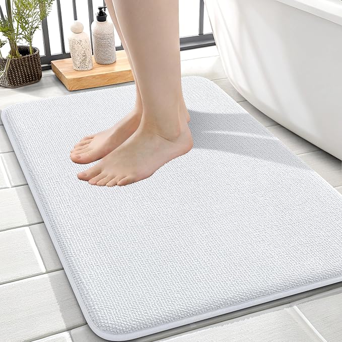 OLANLY Thick Memory Foam Small Bathroom Rugs 24x16, Extra Soft Absorbent Bathroom Mat, Quick Dry Bath Mat, Non-Slip, Machine Washable Carpet for Bathroom, Tub and Shower, Home Decor Accessories, White