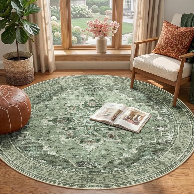 RELEANY Area Rugs Round 4ft Washable Non-Slip, Floral Vintage Distress Medallion Carpet for Living Room Bedroom Dining Room, Dark Green Gray