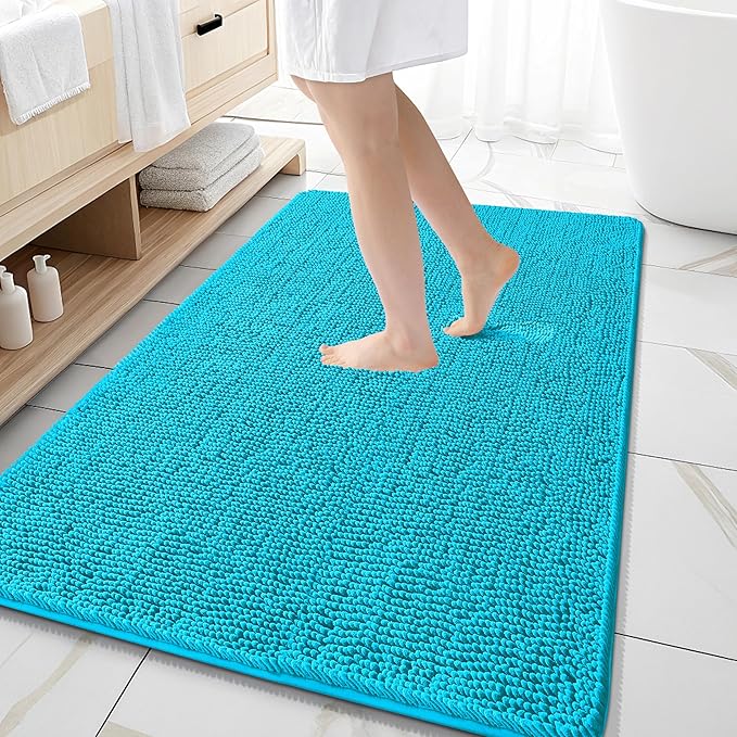 OLANLY Large Bathroom Rugs 59x35, Extra Soft Absorbent Chenille Bath Rugs, Rubber Backing Quick Dry, Machine Washable Bath Mats for Bathroom Floor, Tub and Shower, Home Decor Accessories, Aqua Sky