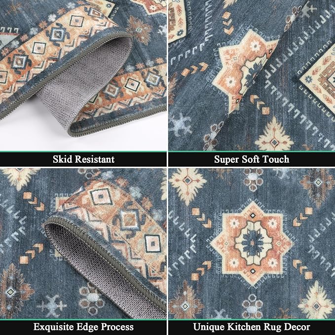 HEBE Boho Kitchen Rug Sets 3 Piece with Runner Non Slip Kitchen Rugs and Mats Washable Kitchen Mats for Floor Thick Kitchen Floor Mat Carpet Runner Rugs for Hallway Laundry Holiday Decor