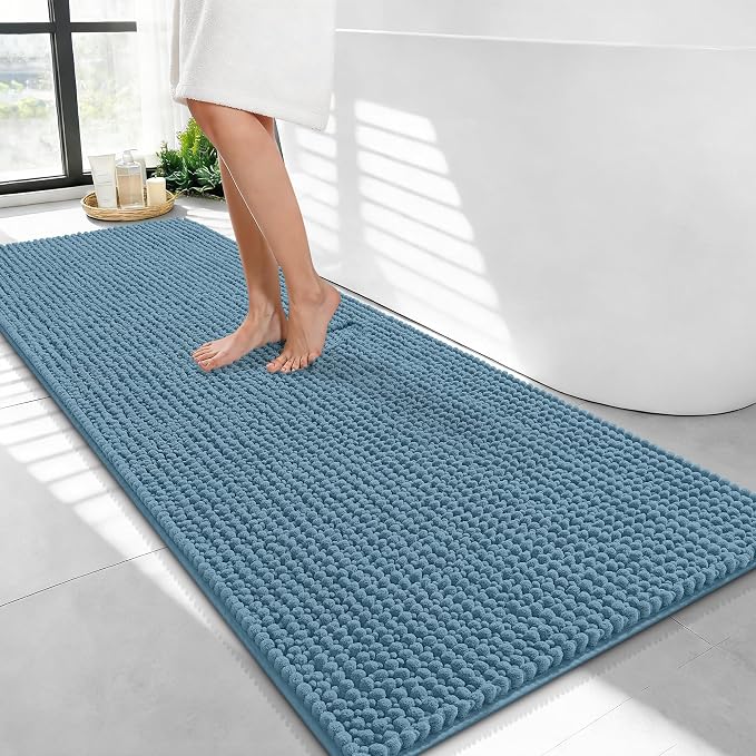OLANLY Thick Bathroom Runner Rugs 47x24, Extra Soft Absorbent Chenille Bath Rugs, Rubber Backing, Machine Wash Dry, Long Bath Mats for Bathroom Floor, Tub and Shower, Home Decor Accessories, Airy Blue