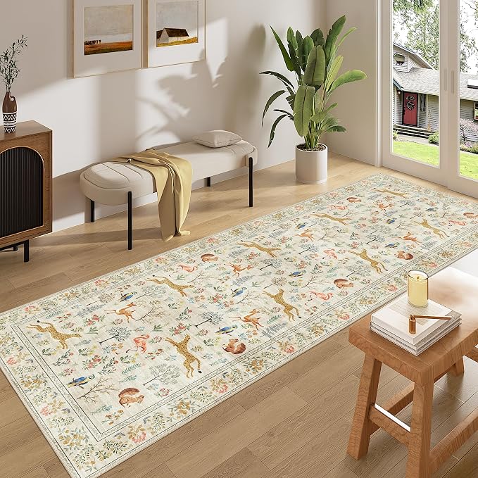 DUKINO 3x8 Washable Runner Rug, Low Pile Animal Print Non Slip Long Runner Rug for Kitchen, Lightweight & Non Shedding Indoor Carpet for Hallway, Kitchen, Entryway, Bathroom, Laundry, Beige