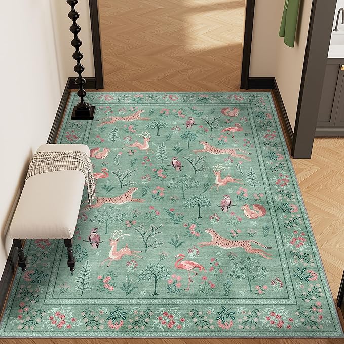 DUKINO 3x5 Rug, Washable Animal Area Rug with Non Slip Vintage Design, Indoor Soft Low Pile Carpet for Bedroom, Nursery, Dining Room, Farmhouse, Playroom, Teal