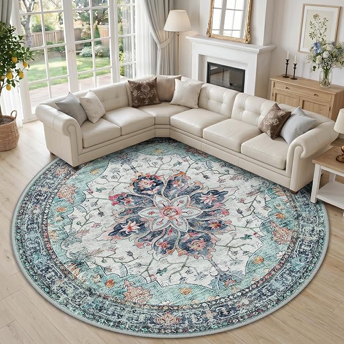 RELEANY Area Rugs Round 10ft Washable Non-Slip, Floral Vintage Distress Medallion Carpet for Living Room Bedroom Dining Room, Green Navy Blue White Red Teal