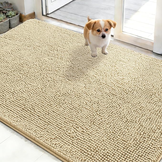 OLANLY Dog Door Mat for Muddy Paws 50x30, Absorbs Moisture and Dirt, Absorbent Non-Slip Washable Doormat, Quick Dry Chenille Mud Mat for Dogs, Entry Indoor Entryway Carpet for Inside Floor, Sand
