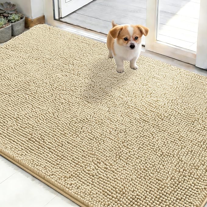 OLANLY Dog Door Mat for Muddy Paws 48x30, Absorbs Moisture and Dirt, Absorbent Non-Slip Washable Doormat, Quick Dry Chenille Mud Mat for Dogs, Entry Indoor Entryway Carpet for Inside Floor, Sand