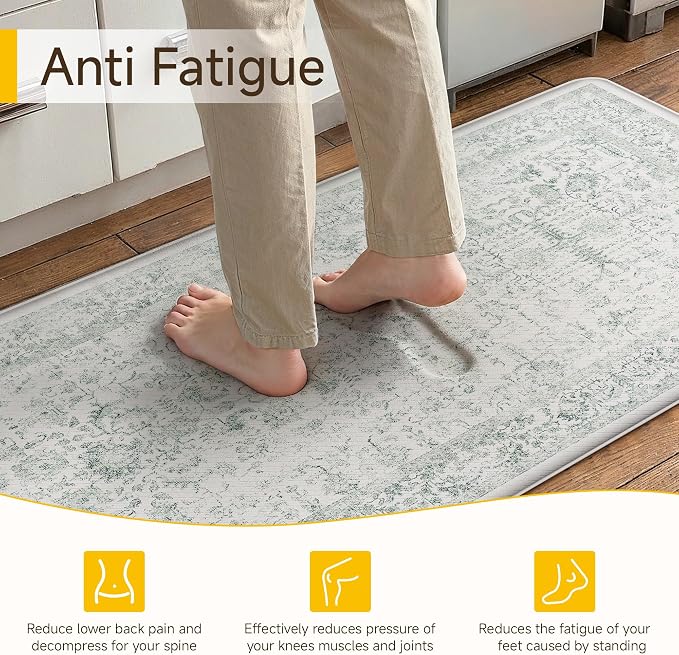 PureCozy Kitchen Mats 2PCS Anti Fatigue Cushioned Mat Light Green Vintage Kitchen Mats for Floor Waterproof Non Slip Comfort Standing Retro Floral Rug for Sink Laundry Office 17.3"x59"+17.3"x30"