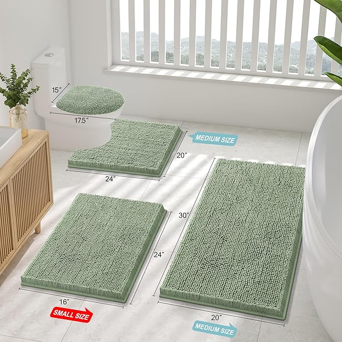 Smiry Luxury Chenille Bathroom Rugs 40x32, Extra Soft and Absorbent Shaggy Bath Mat, Machine Washable, Non-Slip Plush Carpet Runner for Tub, Shower, and Floor, Home Decor Accessories, Sage Green