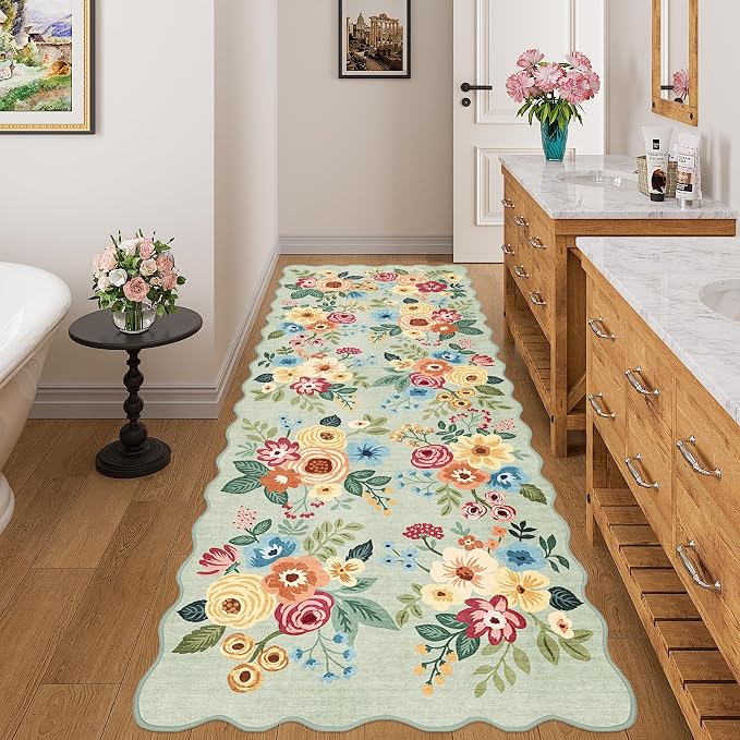 DUKINO 3x8 Washable Runner Rug, Soft Indoor Floral Non Slip Long Runner Rug for Hallways, Lightweight & Low Pile Floor Carpet for Kitchen, Entryway, Hallway, Bathroom, Laundry, Bedroom, Green