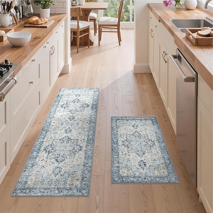 GENIMO Kitchen Rugs Non Slip Washable, 2PCS Kitchen Mats for Floor, Cushioned Standing Mat, Kitchen Runner Rug Floor Mat for Kitchen Decor, Laundry, Sink, Entryway, Home, 24"x36"+24"x72", Blue