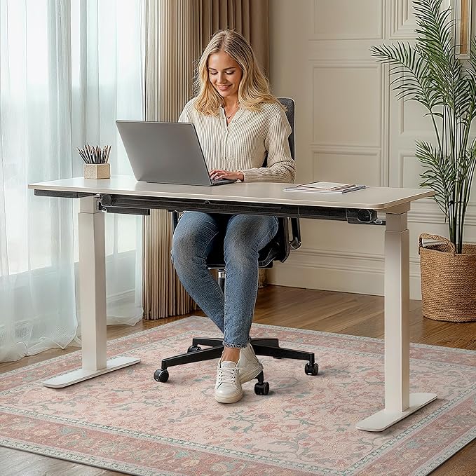 48"x60" Office Chair Mat for Hardwood Tile Floor, Under Desk Carpet Protector for Rolling Computer Chair Mat, Machine Washable Area Rug, Anti-Slip 1/5" Thick Low Pile Thin Vinyl Floor Mat, Pink