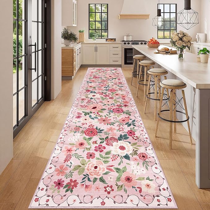 DUKINO 3x12 Washable Runner Rug, Non Slip Soft Floral Hallway Runner Rug with Non Shedding Design, Low Pile Long Floor Carpet for Kitchen, Hallway, Bathroom, Entryway, Laundry, Pink