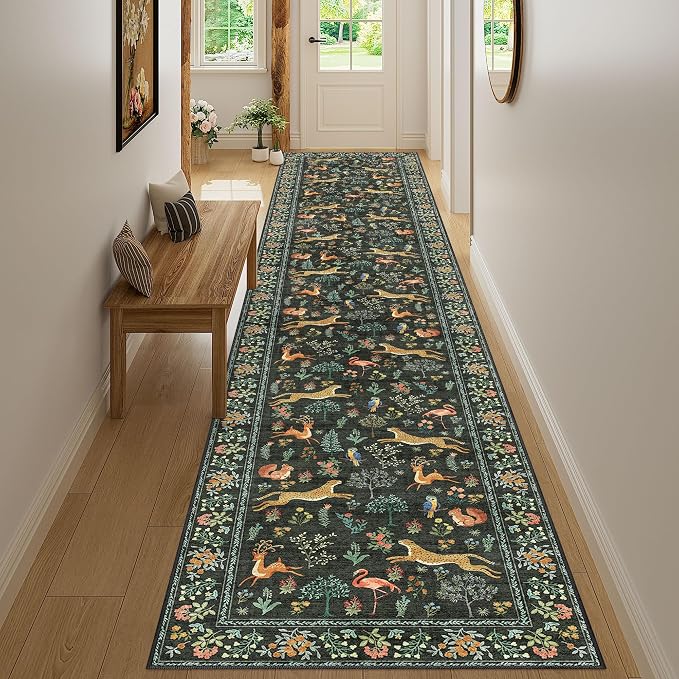 DUKINO 2.6x14 Hallway Runner Rug, Vintage Washable Long Kitchen Rug with Non Slip Backing, Stain Resistant & Low Pile Animal Print Floor Carpet for Indoor Entrance Bathroom, Laundry, Bedroom, Black