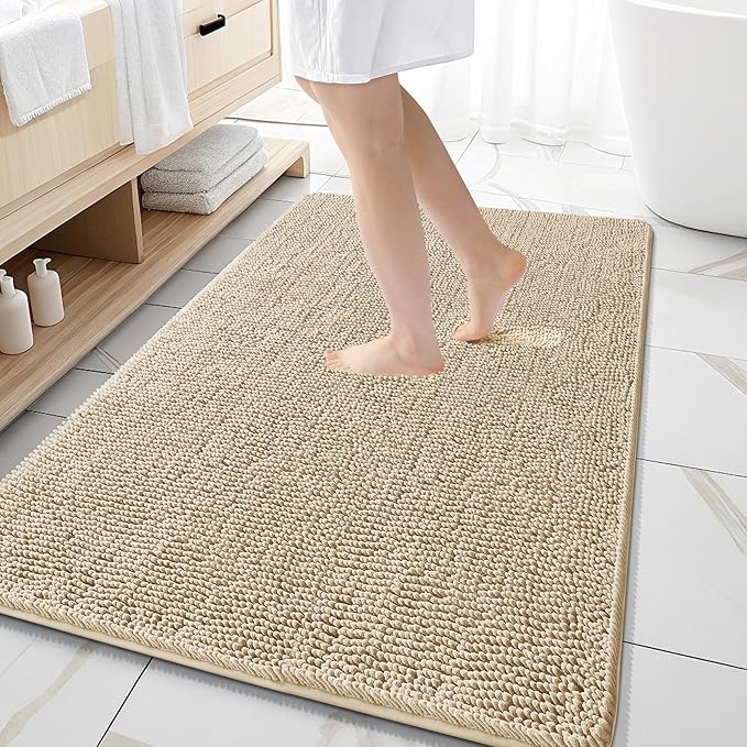 OLANLY Large Bathroom Rugs 59x35, Extra Soft Absorbent Chenille Bath Rugs, Rubber Backing Quick Dry, Machine Washable Bath Mats for Bathroom Floor, Tub and Shower, Home Decor Accessories, Beige