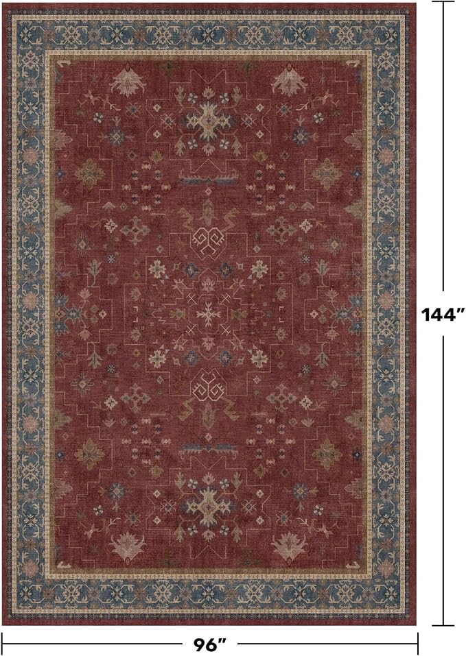 Hazo Haus Oriental 8x12 Large Area Rugs for Living Room - Burgundy Rug for Bedroom Under Bed, Dining Room Under Kitchen Table, Washable Soft Non Slip Unique Indoor Décor