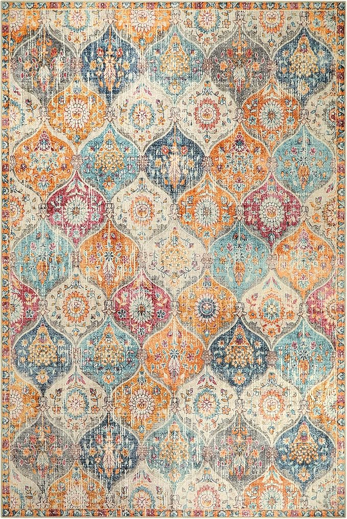 Lahome Moroccan 6x9 Rugs for Living Room, Soft Washable 6x9 Area Rug for Bedroom, Ultra-Thin Oriental Trellis Non Shedding Throw Large Carpet for Dining Room Office Elise, Cream/Multi