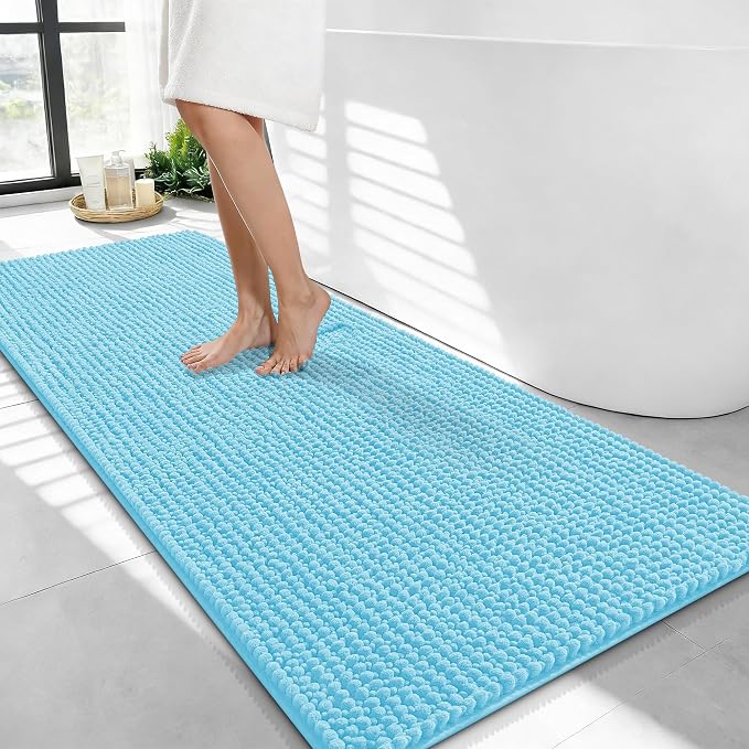 OLANLY Thick Bathroom Runner Rugs 44x24, Extra Soft Absorbent Chenille Bath Rugs, Rubber Backing, Machine Wash Dry, Long Bath Mats for Bathroom Floor, Tub and Shower, Home Decor Accessories, Sky Blue