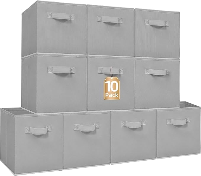 STORAGE MANIAC Storage Cubes, 11 Inch Collapsible Storage Bins with Handles, 10 Pack Fabric Foldable Bins for Organization, Durable Storage Bins for Closet, Shelves, Offices, 10-Pack Grey