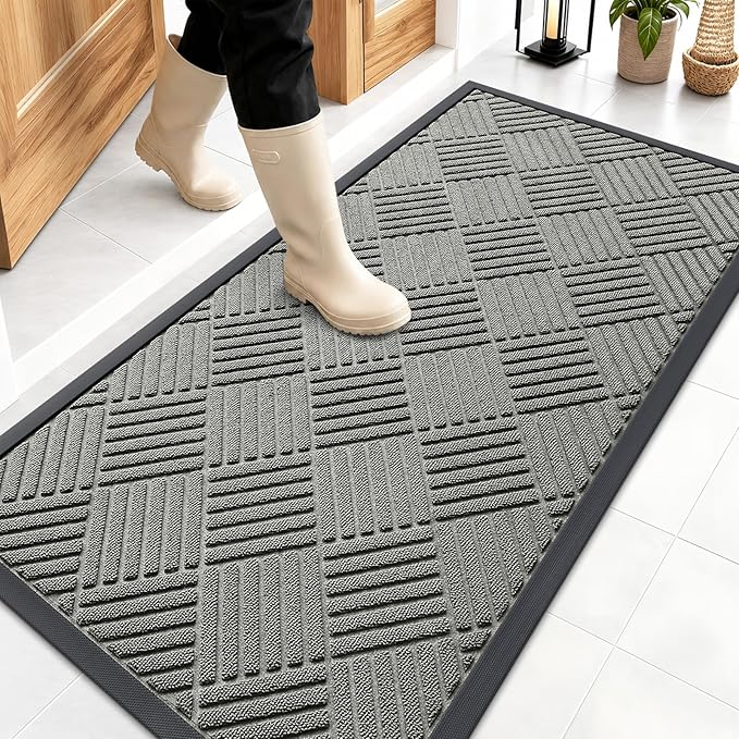 OLANLY Front Door Mat Outside Entrance 47x23, Absorbent, Heavy Duty Sturdy Natural Rubber Doormat Indoor Outdoor, Stain Fade Resistant, Non-Slip Low Profile Floor Mat for Entryway, Modern Gray Diamond