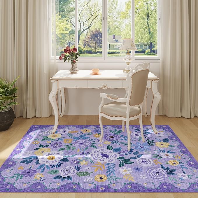 DUKINO 3x5 Area Rug, Floral Rugs for Living Room, Lightweight Non Slip Washable Rug, Indoor Low Pile & Non-Shedding Boho Design Rugs for Bedroom, Living Room, Dining Room, Purple