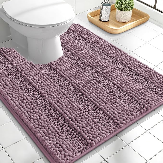 OLANLY Thick Toilet Rugs U-Shaped 24x20, Extra Soft Absorbent Chenille Striped Contour Bathroom Rugs for Toilet, Dry Quickly, Machine Washable, Non-Slip Bath Mat, Deep Plum