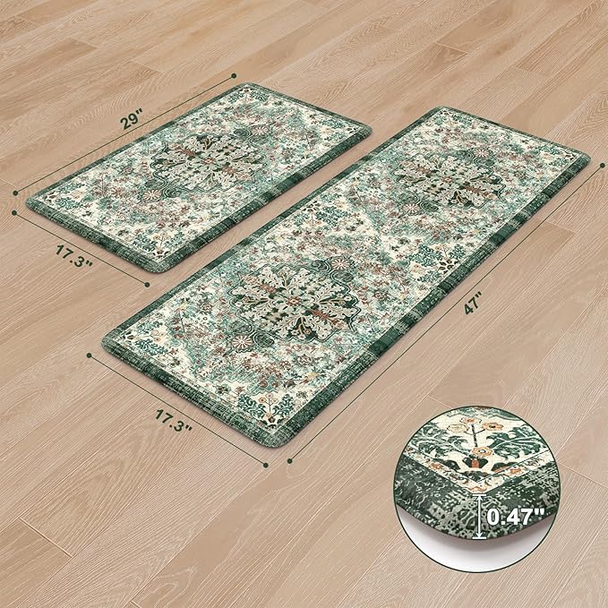 KIMODE Kitchen Mats Cushioned Anti Fatigue, Boho Oriental Kitchen Rugs 17"x47"+17"x29", Non Slip Kitchen Mats for Floor, Padded Kitchen Floor Mats for Sink Laundry Office Desk Green Multi
