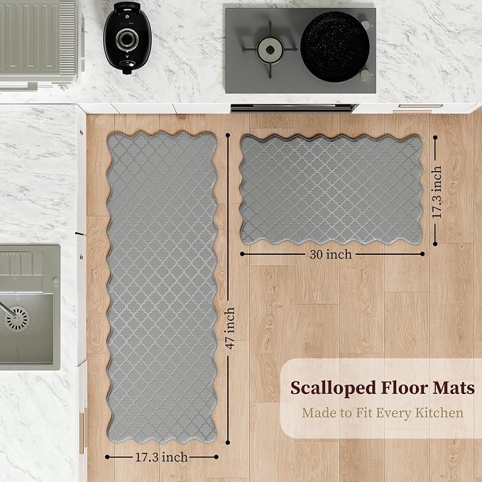 Arenarug Upgrade Scalloped Embossed Kitchen Mats for Floor 2PCS Cushioned Anti Fatigue Waterproof Foam Kitchen Rugs Non Slip Washable Comfort Standing Mat for Office Sink Laundry, Gray