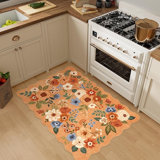 DUKINO 2x3 Entryway Rug, Floral Washable Indoor Door Mat with Non-Slip Backing, Soft Low Pile Small Front Door Throw Rugs for Entryway, Kitchen, Bedroom, Laundry, Bathroom, Orange