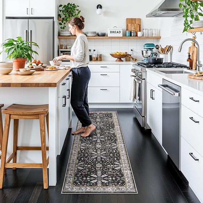 2x6 Washable Kitchen Runner Rug – Non-Slip Boho Vintage Carpet Runner for Hallway, Entryway, Bedroom & Bathroom – Soft Low-Pile Thin Area Rug with Rubber Backing (Black,2x6)