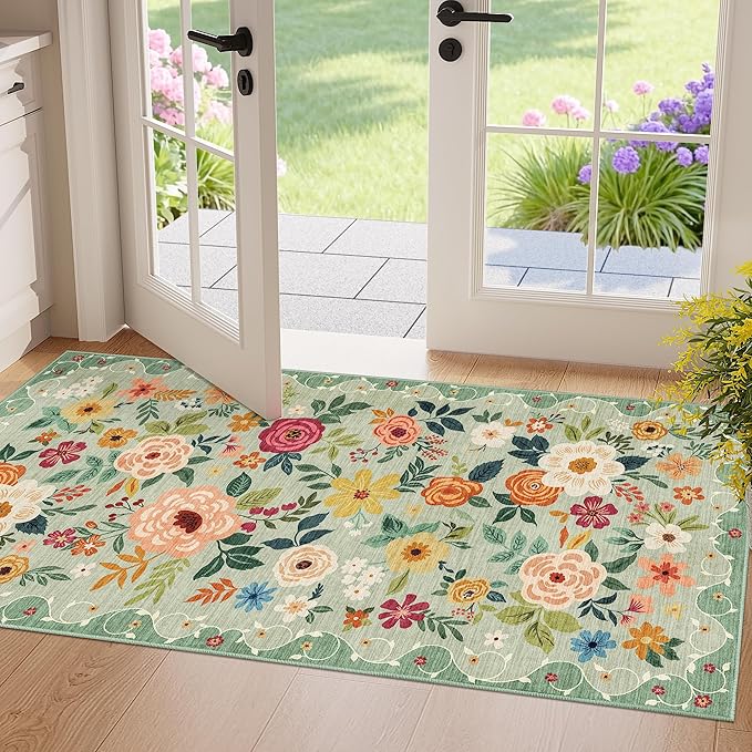 DUKINO 2x4 Rug for Entryway, Washable Kitchen Floral Runner Rug with Non Slip Backing, Low Pile Soft Boho Carpet for Kitchen, Hallway, Entryway, Laundry, Bedroom, Green