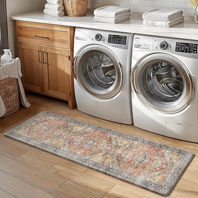 GENIMO Kitchen Mats for Floor, 2PCS Kitchen Rugs Non Slip Washable, Waterproof Anti Fatigue Mat, Comfort Standing Runner Rug for Sink, Office, Laundry, Home, 17.3"x59"+17.3"x30", RetroBrick