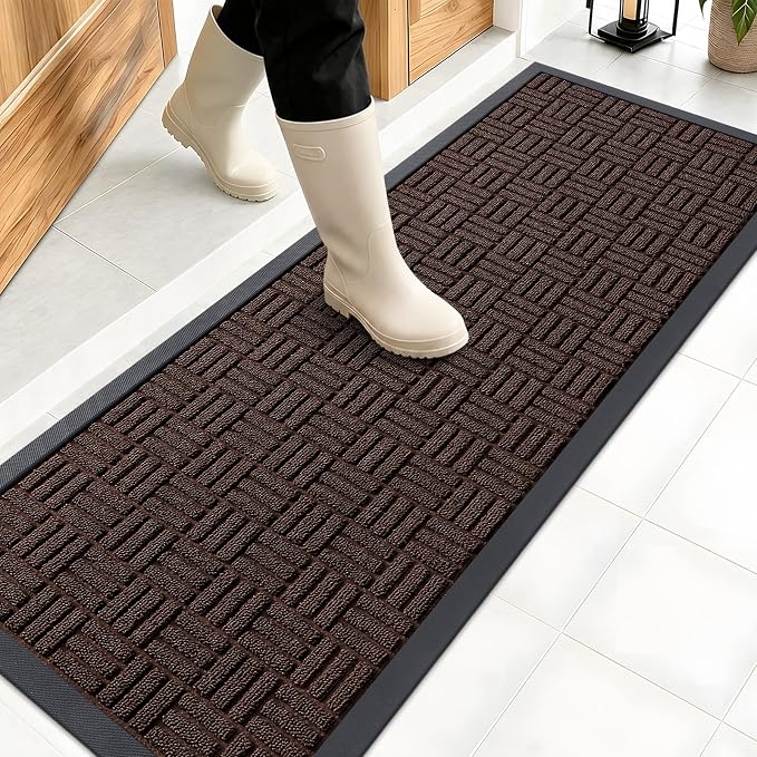 OLANLY Front Door Mat Outside Entrance 47x17, Absorbent, Heavy Duty Sturdy Natural Rubber Doormat Indoor Outdoor, Stain and Fade Resistant, Non-Slip Backing Low Profile Floor Mat for Entryway, Brown