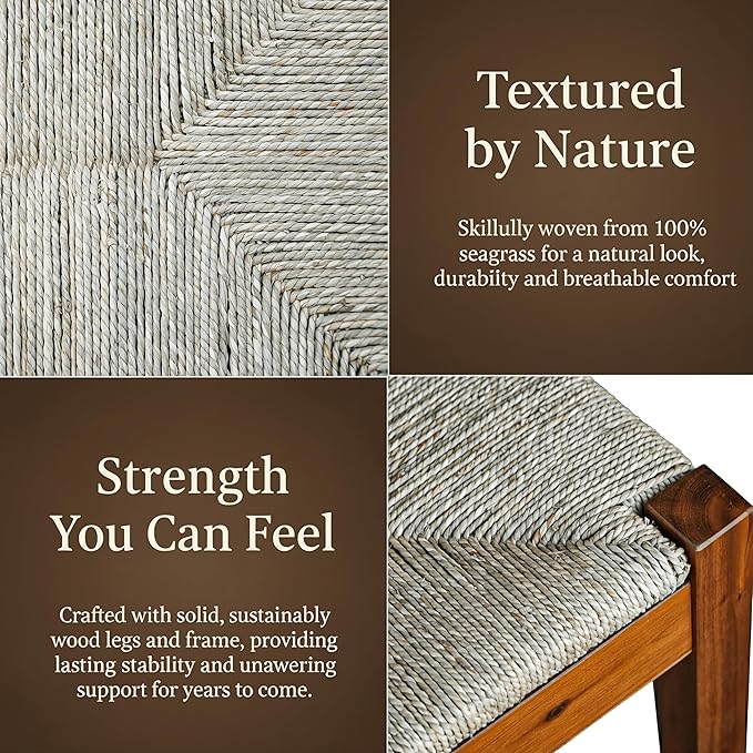 Solid Wood Acacia Indoor Bench with Natural Woven Seat, 45 Inch Wood Bench for Living Room or Entryway, Bedroom End of Bed Bench or Dining Benches, Window Bench