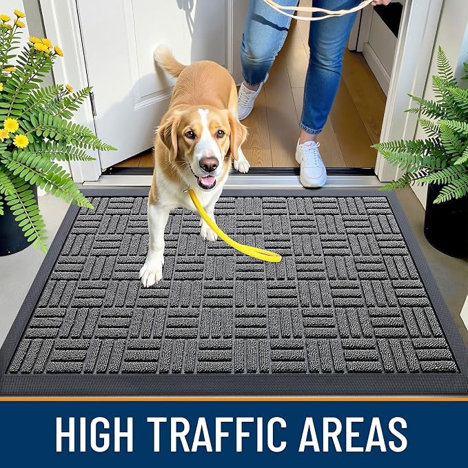 OLANLY Front Door Mat Outside Entrance 47x32, Absorbent, Heavy Duty Sturdy Natural Rubber Doormat Indoor Outdoor, Stain and Fade Resistant, Non-Slip Backing Low Profile Floor Mat for Entryway, Grey