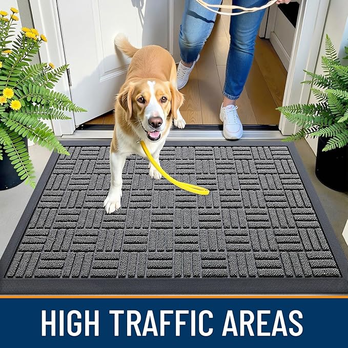 OLANLY Front Door Mat Outside Entrance 47x17, Absorbent, Heavy Duty Sturdy Natural Rubber Doormat Indoor Outdoor, Stain and Fade Resistant, Non-Slip Backing Low Profile Floor Mat for Entryway, Grey
