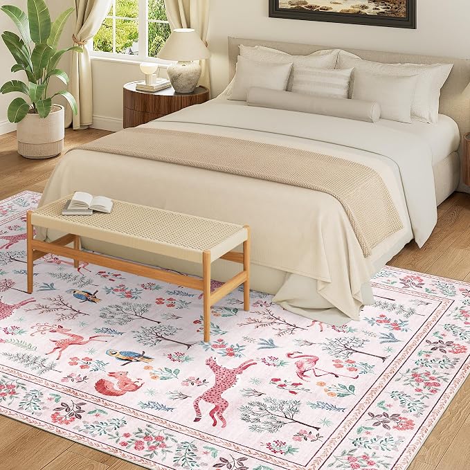DUKINO 5x7 Rug, Washable Animal Living Room Rug with Non Slip Vintage Design, Soft Low Pile Large Carpet for Bedroom, Nursery, Dining Room, Farmhouse, Playroom, Pink