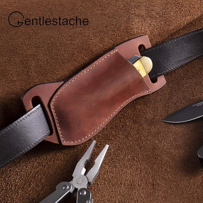 Gentlestache Leather Pocket Knife Sheaths for Belt, Folding Knife Sheath, EDC Belt Knife Sheath for Folding Knife, Compact Draw Knife Holster Brown