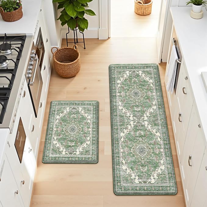 Boho Kitchen Mats for Floor 2 Piece Set Anti Fatigue Cushioned PVC Kitchen Rugs Non Slip Waterproof Farmhouse Mats 2/5 Inch Comfort Standing Mat for Sink, Laundry, 17.3"x47"+17.3"x28", Spring Green