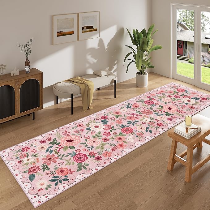 DUKINO 3x10 Runner Rug for Hallway, Washable Kitchen Floral Runner Rug with Non Slip Backing, Low Pile Soft Boho Carpet for Kitchen, Hallway, Entryway, Laundry, Bedroom, Pink
