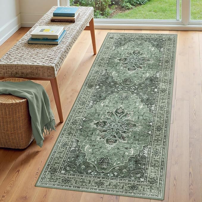 RELEANY Area Rugs Runner 3'x7' Washable Non-Slip, Floral Vintage Distress Medallion Carpet for Kitchen Hallway Bedroom Beside Laundry Room Bathroom, Dark Green Gray
