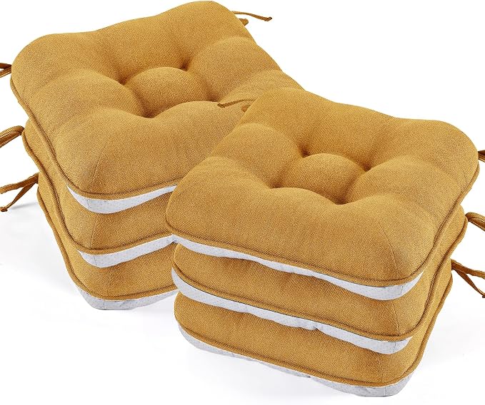BETU Chair Cushions for Dining Chairs Set of 6,3.5" Thick Kitchen Table Chair Pads with Ties,Non Slip Backing and Covers, Seat Cushion for Dining Room,Bar,Patio Chairs,15.5"X15.5"X3.5",Yellow